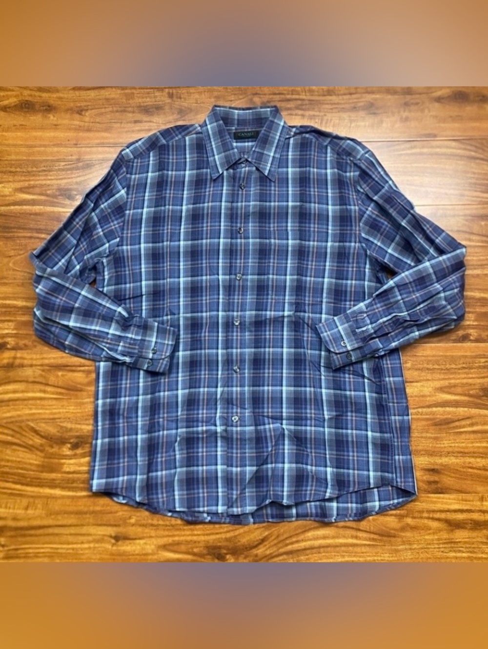 Canali Sportswear Mens Blue Plaid Cotton Collared Classic Button Shirt Size L